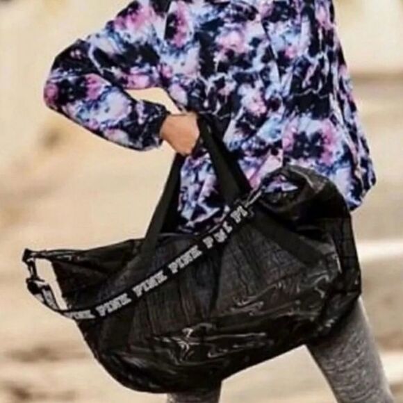 Pink Victoria's Secret Marble Duffle Bag Black GYM yoga Exercise Sports - Picture 4 of 9